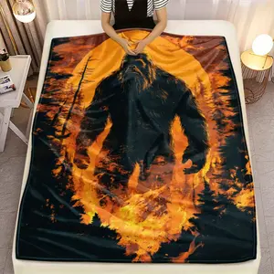 1Pc Bigfoot Silhouette Sunset Flannel Throw - Lightweight, Soft & Warm Winter Blanket With Vibrant Digital Print For Sofa, Camping, Living Room, Office Chair, And Bed, Bed Comfort Item |   Sunset Silhouette Design |   Lightweight Flannel, Cozy