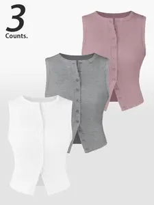 Women's Solid Color Button Front Vest, Casual Sleeveless V Neck Knit Basic Tank Top for Daily Wear, Ladies Clothes for All Seasons