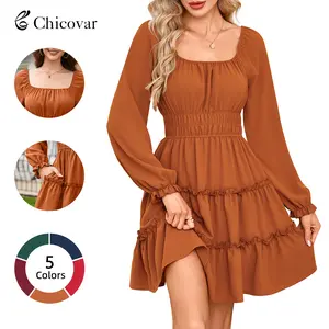 Chicovar Casual Dress for Women, Side Pockets, Lantern Sleeves, Flattering Smocked Waist, Stylish for Family Photos, Church, Valentine's Day, Westernfashion