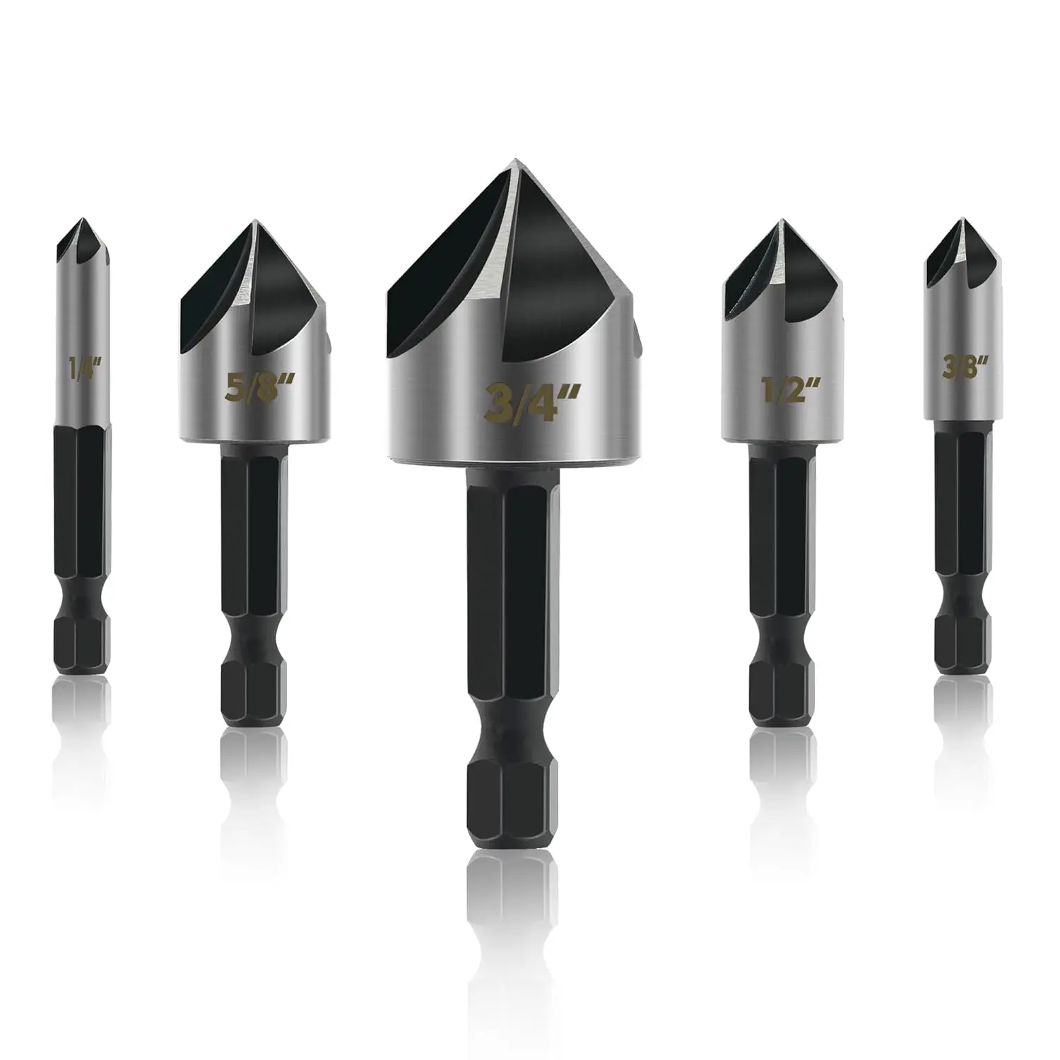 5 count Countersink Drill Bit Set, High Speed Steel Countersink Bits, 82  5 Flute Pieces, 1/4 Inch Hex Shank, Fit for Sink Holes into Metals, , Plywood, Plastic