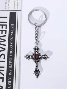 Hip Hop Style Men's Twin Dragon Gem Cross Pendant Keychain Set, Stylish Travel Accessory Gift, Unique Design Jewelry