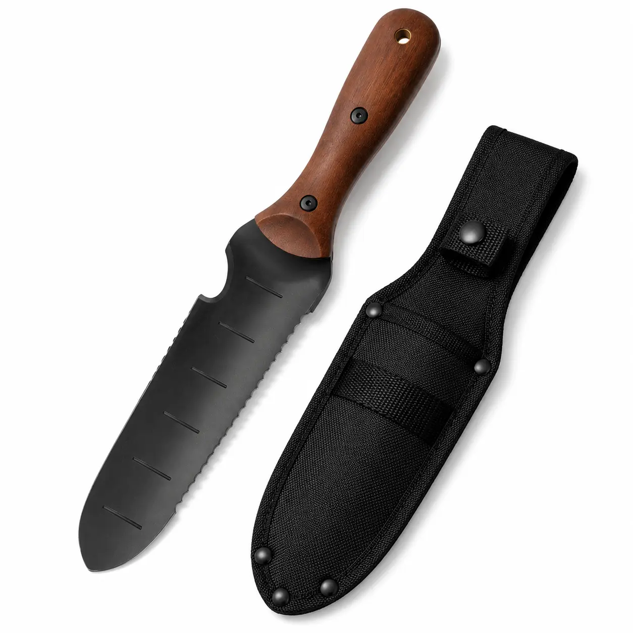 Garden Trowel with Sheath, 7" Stainless Steel Blade, Full-Tang Walnut Wood Handle for Weeding, Planting & Digging