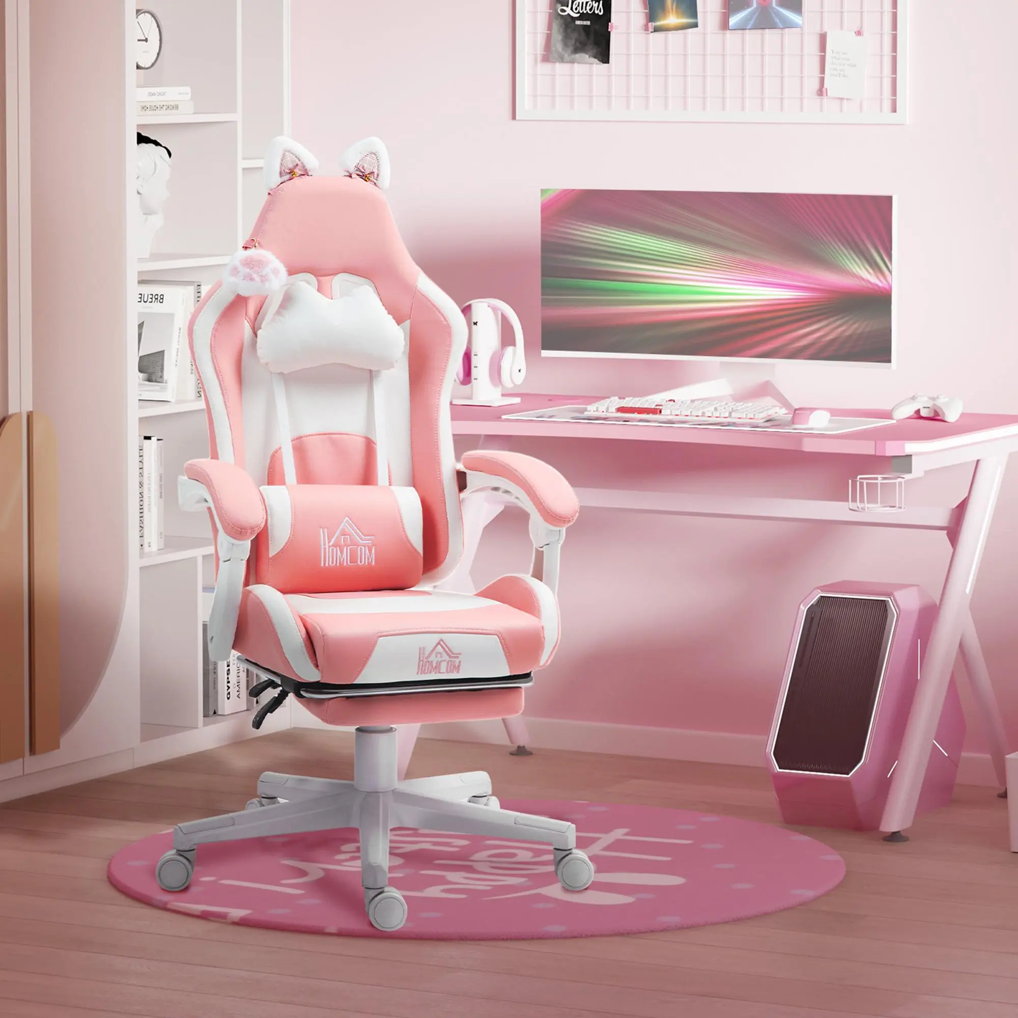 HOMCOM Racing Gaming Chair with Cat Ears, Height Adjustable, Reclining Faux Leather, Footrest, Lumbar Support, Swivel Seat & Wheels