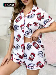 2-piece set of spring and summer women's white base, Asymmetrical shorts set, subtitle printed short sleeved shorts, soft top with small pockets, lapel design, button closure, elastic waistband, suitable for home, casual wear