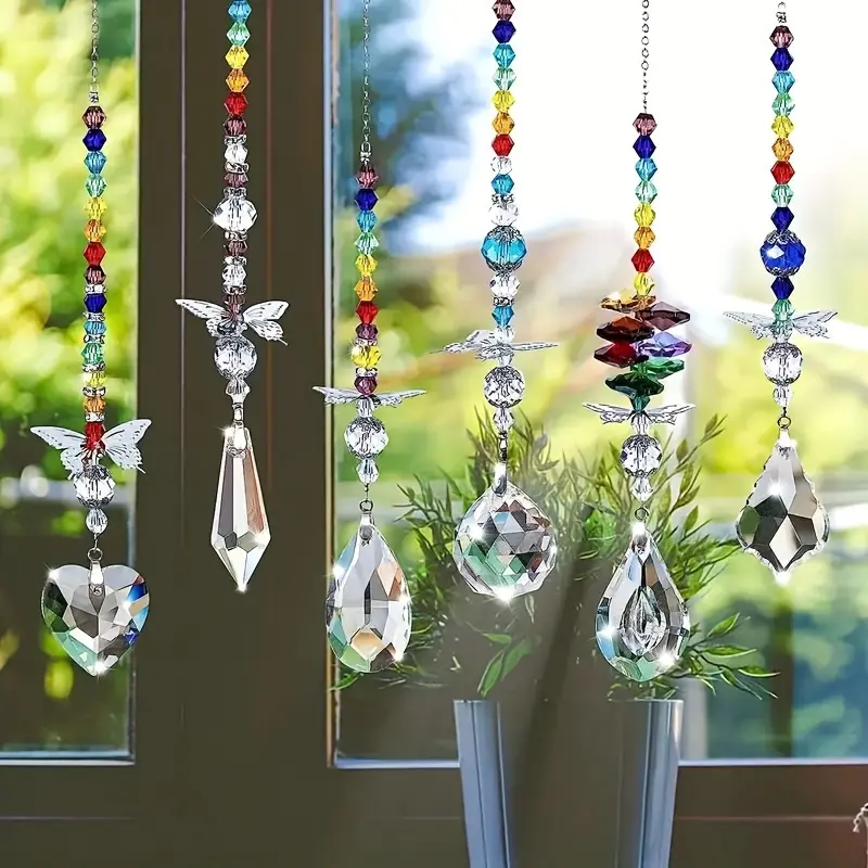 6 Piece Crystal Ball Prism Light Catcher Set, Hangable Decorative Ornaments Rainbow Maker with Butterfly Pendant Decor, Home Office Garden Room Window Hanging Decoration Gift, Home Accent