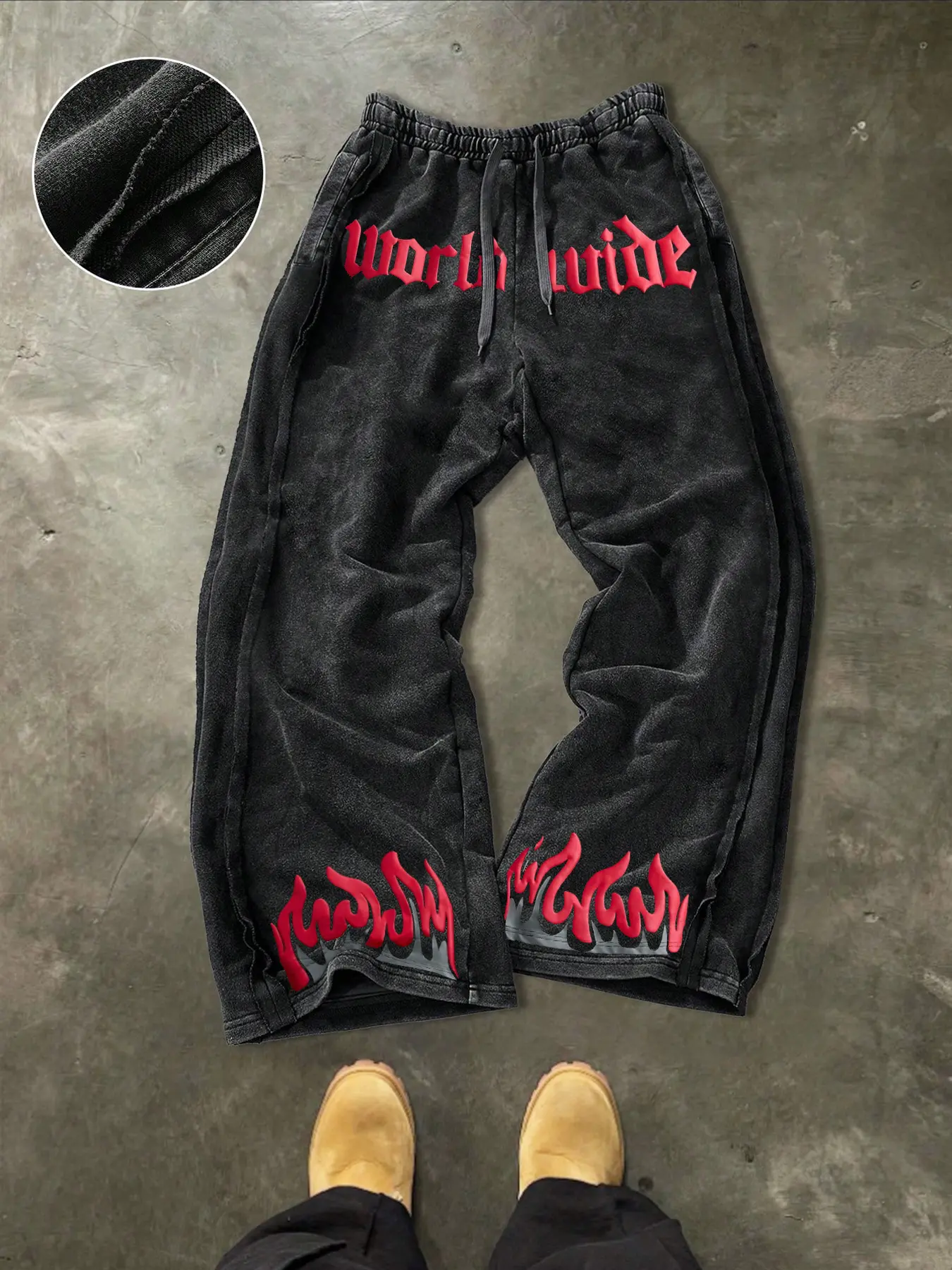 Men's Washed Cotton Sweatpants, Side Hem Stitching Long Pants, Streetwear Letter Flame Print, Casual Fashion Joggers