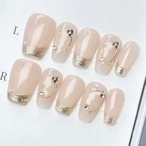 Luxury Nail Freedom! Nude Transparent Gold French Exquisite Hand-Painted Rhinestone Press On Fake Nails, Get Glam Nails In 5 Mins, No Salon Needed