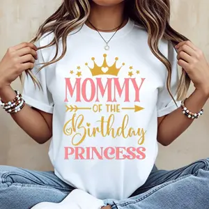 Mommy Of The Birthday Princess Crown Print T Shirt White Casual Loose Fit Women's Top For Mother Day Birthday Celebration