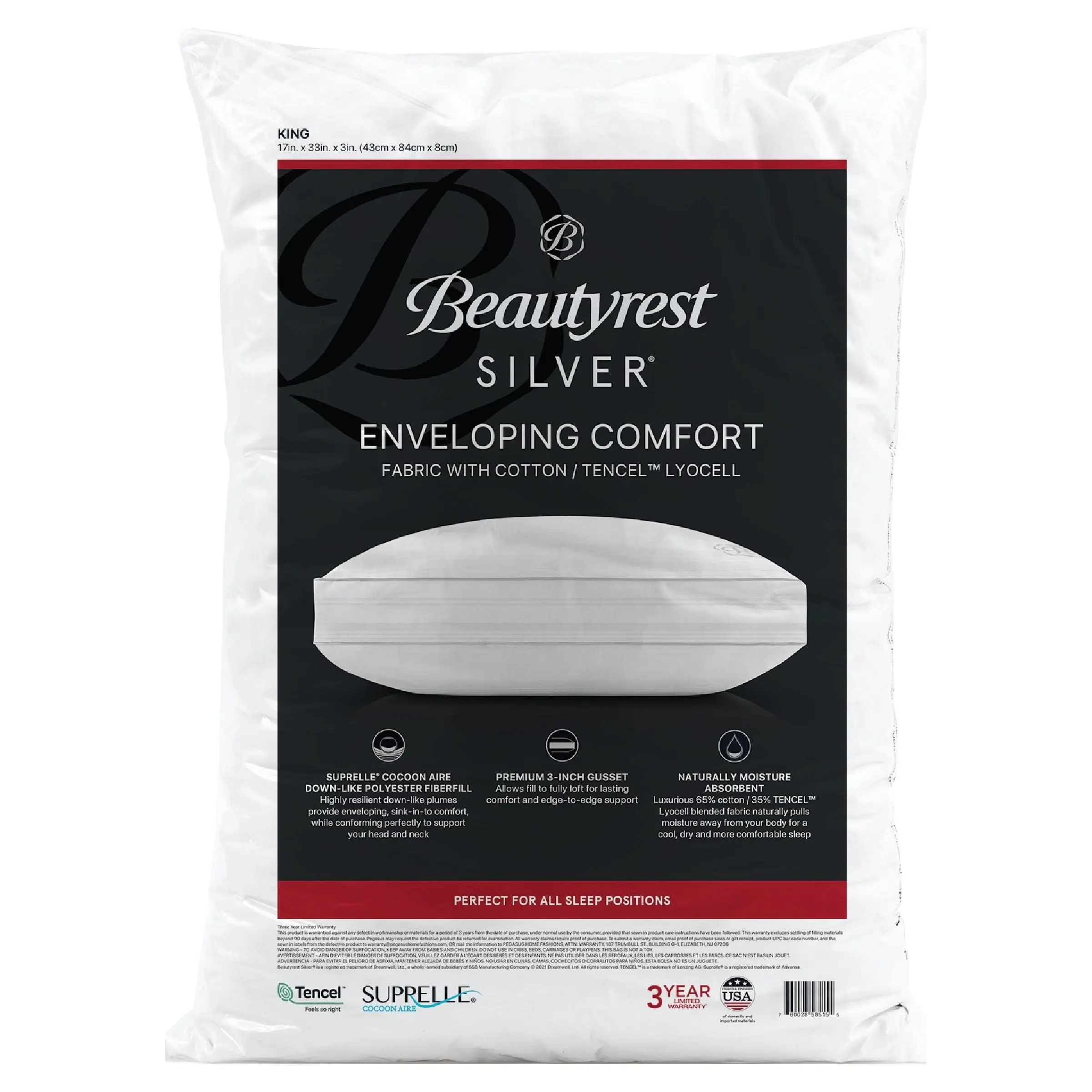 Beautyrest Silver Enveloping Comfort Down Alternative Bed Pillow with Cotton Tencel Lyocell Cover, King, 2 Pack