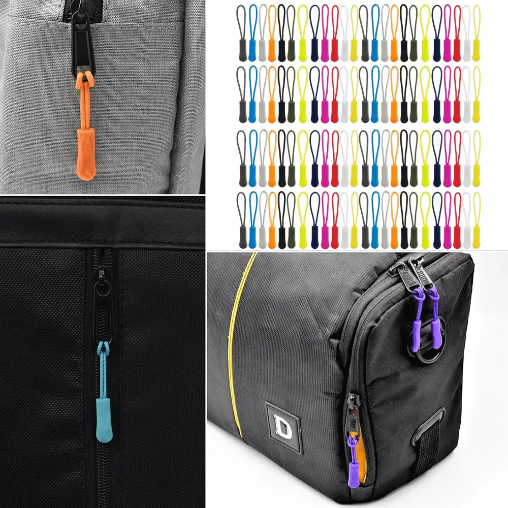 Bulk Nylon Zipper Pulls (132pcs, 12 Colors*11pcs) - 0.31in*2.5in Curved Rough Surface Non-Slip PU Gripper, Multiple Colors Bulk Packaging for Clothes, Backpacks (Deep Blue, Sky Blue Options)