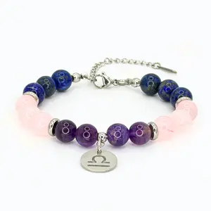 FIMENESS - LIBRA ENERGY BRACELET LAPIS LAZULI, ROSE QUARTZ AND AMETHYST NATURAL STONE BEAD COMBINATION HAND MADE STAINLESS STEEL NON-TARNISH CRYSTAL JEWELRY