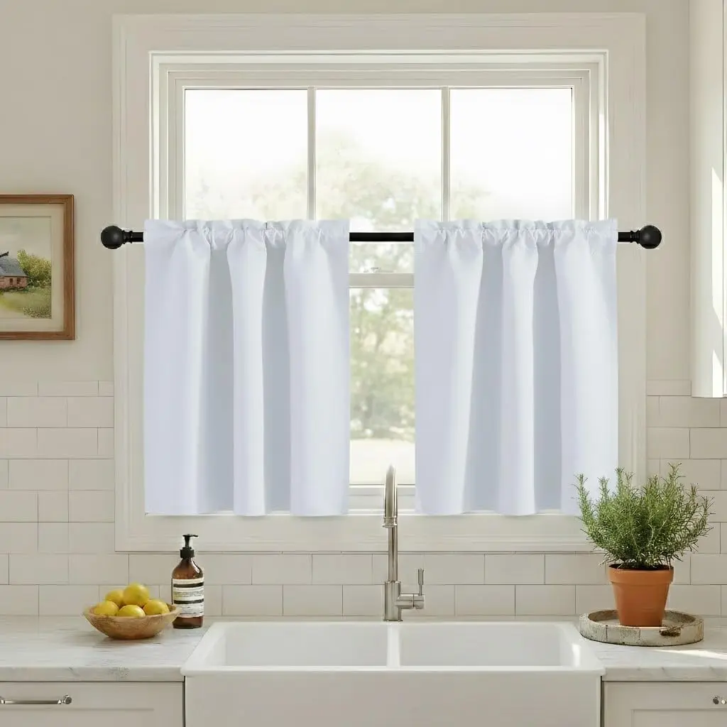 NICETOWN Short Curtains for Kinchen Over Sink, Half Curtains for Small Window, Thermal Insualted Rod Pocket Tiers for loft/Bedroom/Bathroom Shades, 29 x 30 inches, Greyish White, 2 Pieces