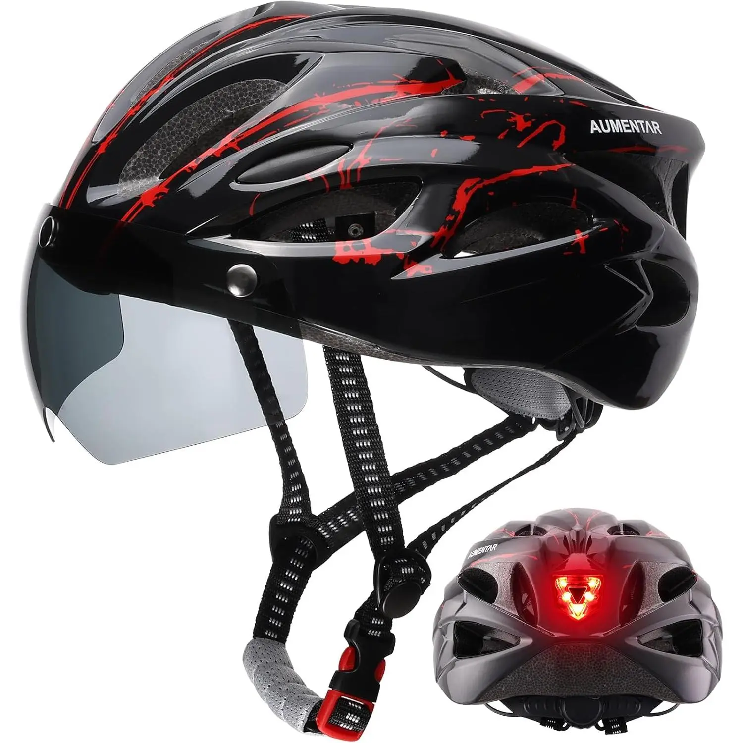 Adult Motorcycle Helmet with Rear LED Light, Detachable Magnetic Goggles, Adjustable Fit, PC+EPS Shell, Tool-Free Adjustment, UV Blocker for Men Women Mountain Road Cycling Safety Protection