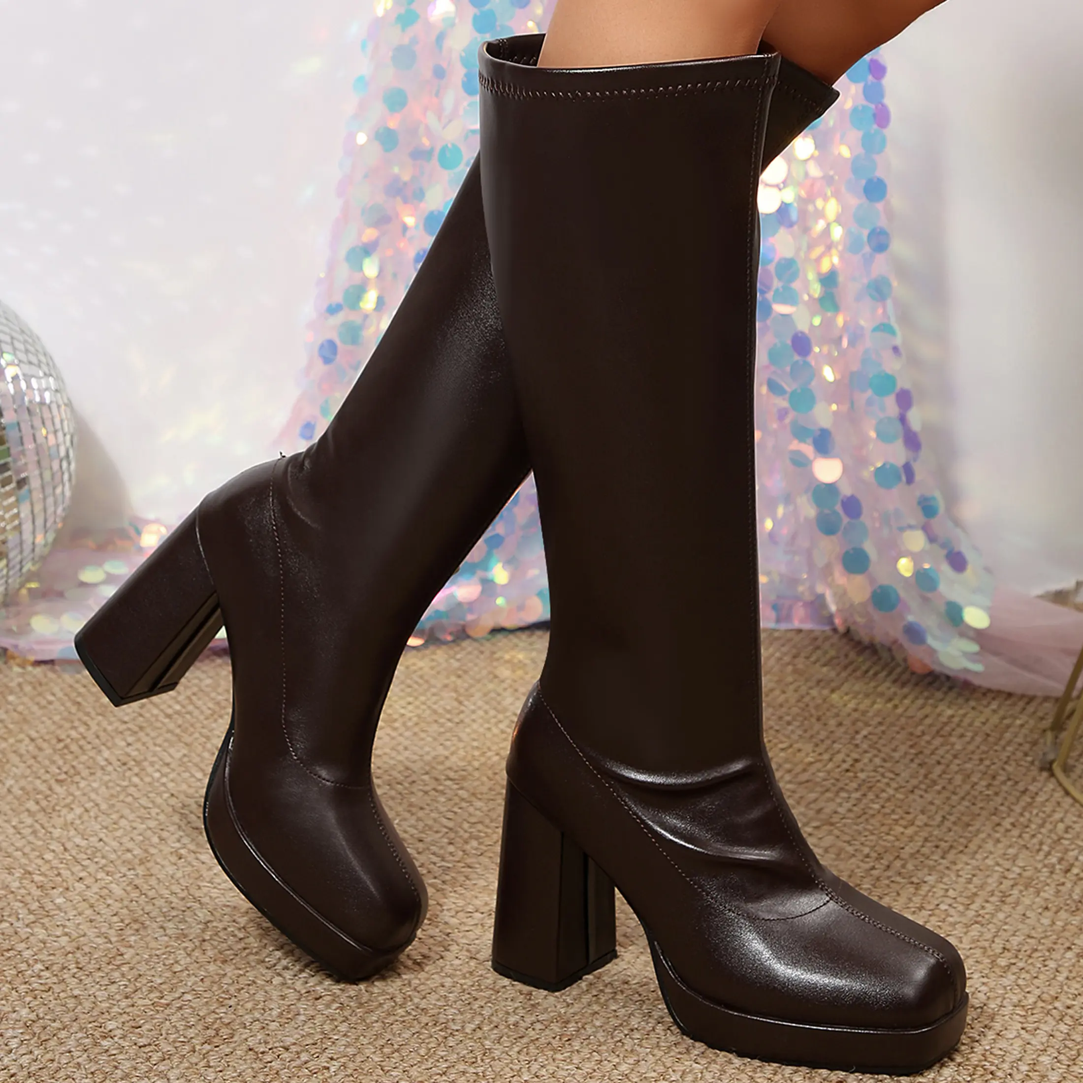 Women's High-Heeled Boots Knee High Platform Boots Side Zipper Chunky Block Heel Faux Leather Party Boots