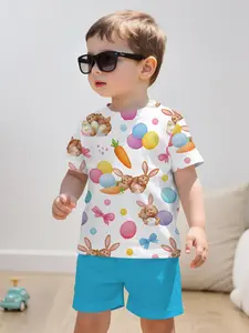 Cute Easter Bunny Print Short Sleeve, Casual Fitted Design, All over Print, Baby Summer Clothes, Perfect for All Seasons, Baby Boy Clothes