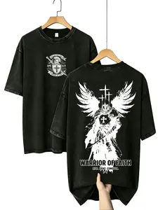 Men’s Vintage Washed Round Neck Christian Graphic Streetwear Short-Sleeve Cotton T-Shirt - Warrior of Faith, Armor of God, Oversized Loose-Fit Summer Casual Black Skeleton Meme Top, Shortsleeve all-season tee attire