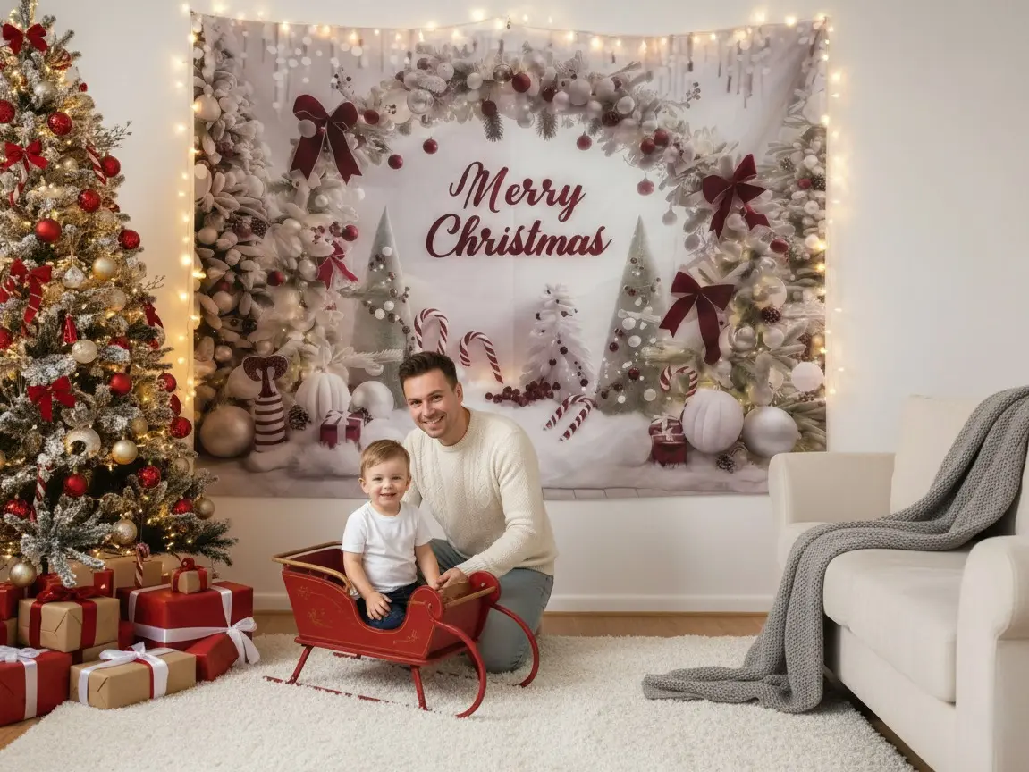 1pc Simple Cordless Polyester Festive Christmas Banner - 2D Flat Plain Backdrop with Candy Cane, Silvery Tinsel, White Snowy Arch, Trees, Balloons, Ornaments for Living Room, Bonfire Outdoor Party Decor