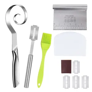 1 set of handmade bread making accessories set, including ergonomic sourdough mixer, bread cutting knife, stainless steel slicing knife, plastic dough scraper, silicone oil brush, replacement blade, suitable for new baking enthusiasts