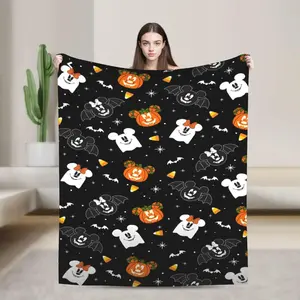 DISNEY CLASSIC Halloween Mickey and Minnie Flannel Blanket - Soft, Warm, Bat Cartoon Design, Sofa, Bed, Office, Blanket for Couch