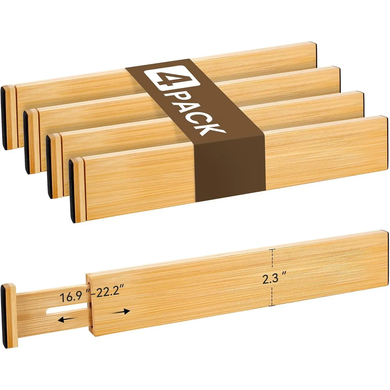Bamboo Drawer Divider Set of 4, Adjustable Spring-Loaded Drawer Organizer (16.9"-22.2"), 2.3" Height, Suitable for Kitchen, Desk, Bathroom, Clothing, and Miscellaneous Drawer Organization, Natural