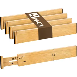 Bamboo Drawer Divider Set of 4, Adjustable Spring-Loaded Drawer Organizer (16.9"-22.2"), 2.3" Height, Suitable for Kitchen, Desk, Bathroom, Clothing, and Miscellaneous Drawer Organization, Natural