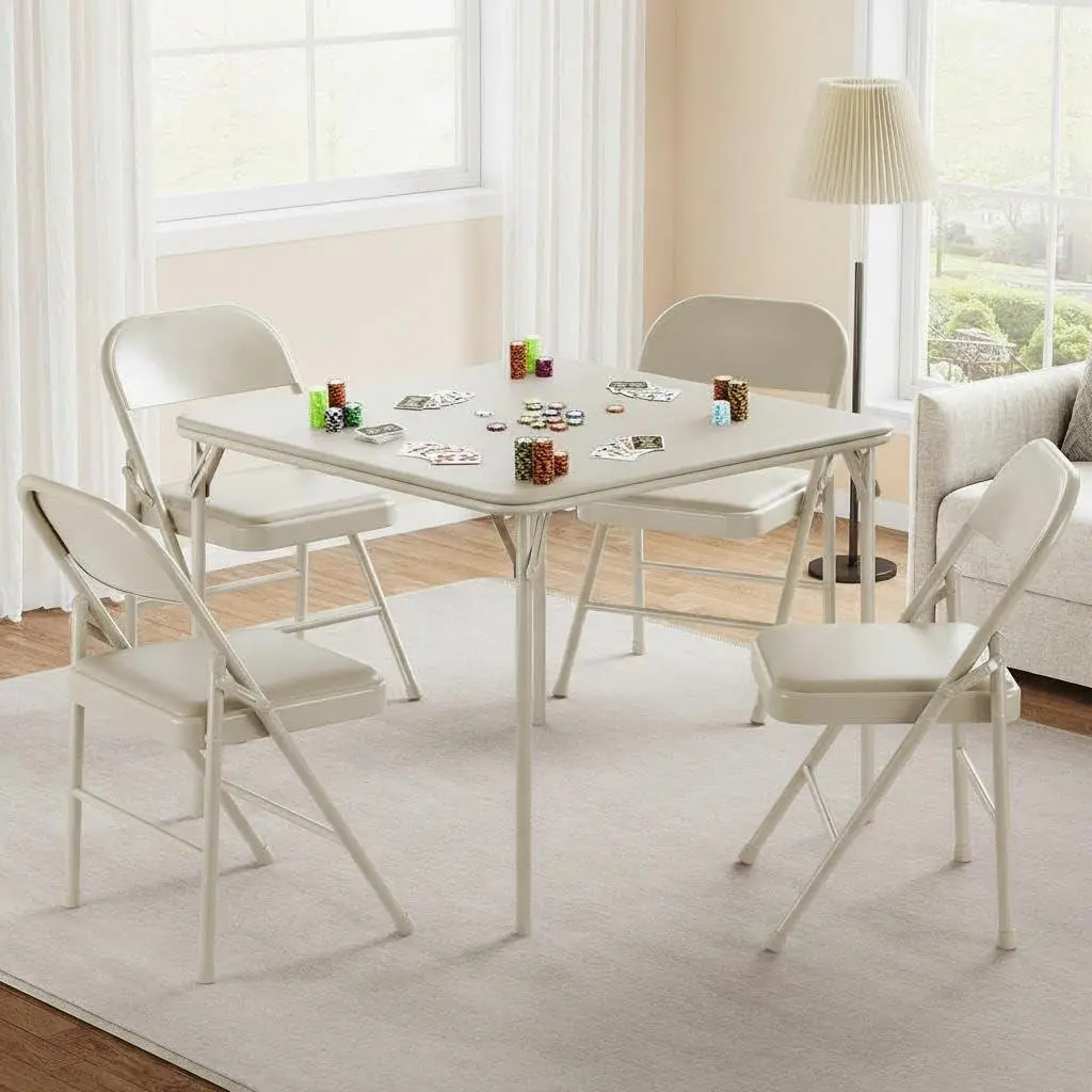 Gaomon 5-Piece Foldable Square Card Table & 4 Upholstered Chairs Set, Portable Foldable Desk, Space-Saving, No Assembly Required, Beige Indoor-Outdoor Furniture Set