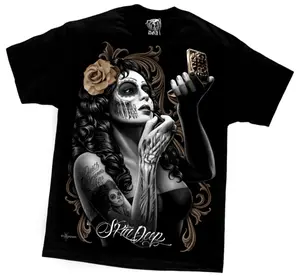 Men's Dga David Gonzales Skin Deep Lowrider Chicano Art Printed Menswear T-Shirt - Round Neck, Shortsleeve, Oversized Loose Soft Streetwear Top, Polyester-Cotton Fabric, Unisex Casual T-Shirts