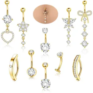 CASSIECA 10Pcs Belly Button Piercing Ring-Surgical Steel CZ Heart Navel Belly Rings for Women Dangle Short Clicker Navel Piercings Cute Summer Jewelry 14G