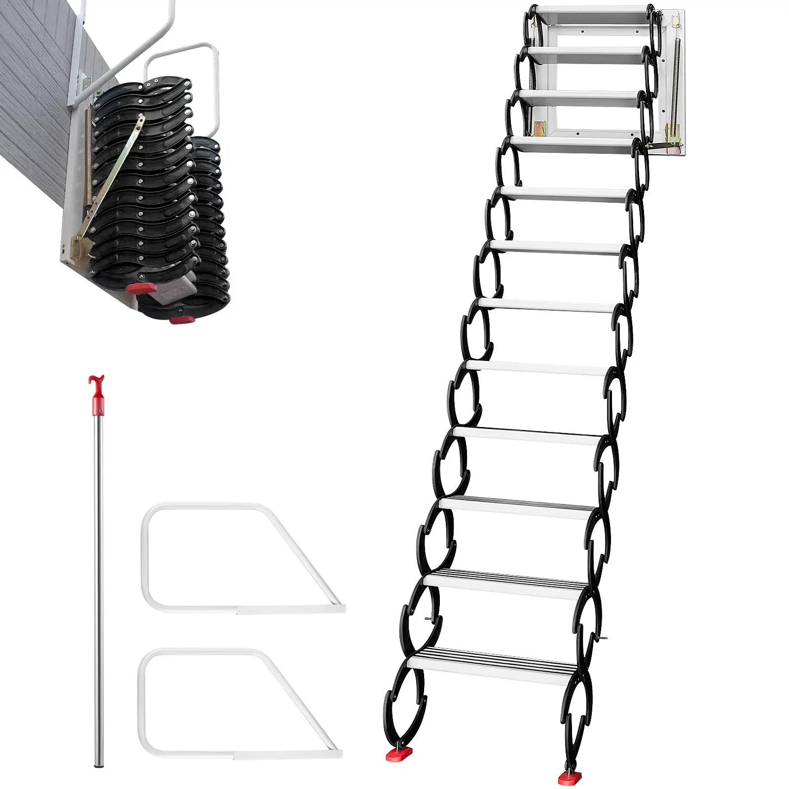 VEVOR Attic Steps Pull Down 12 Steps Attic Stairs Alloy Attic Access Ladder, Black Pulldown Attic Stairs, Wall-mounted Folding Stairs for Attic, Retractable Attic Ladder with Armrests, 9.8 feet Heigh