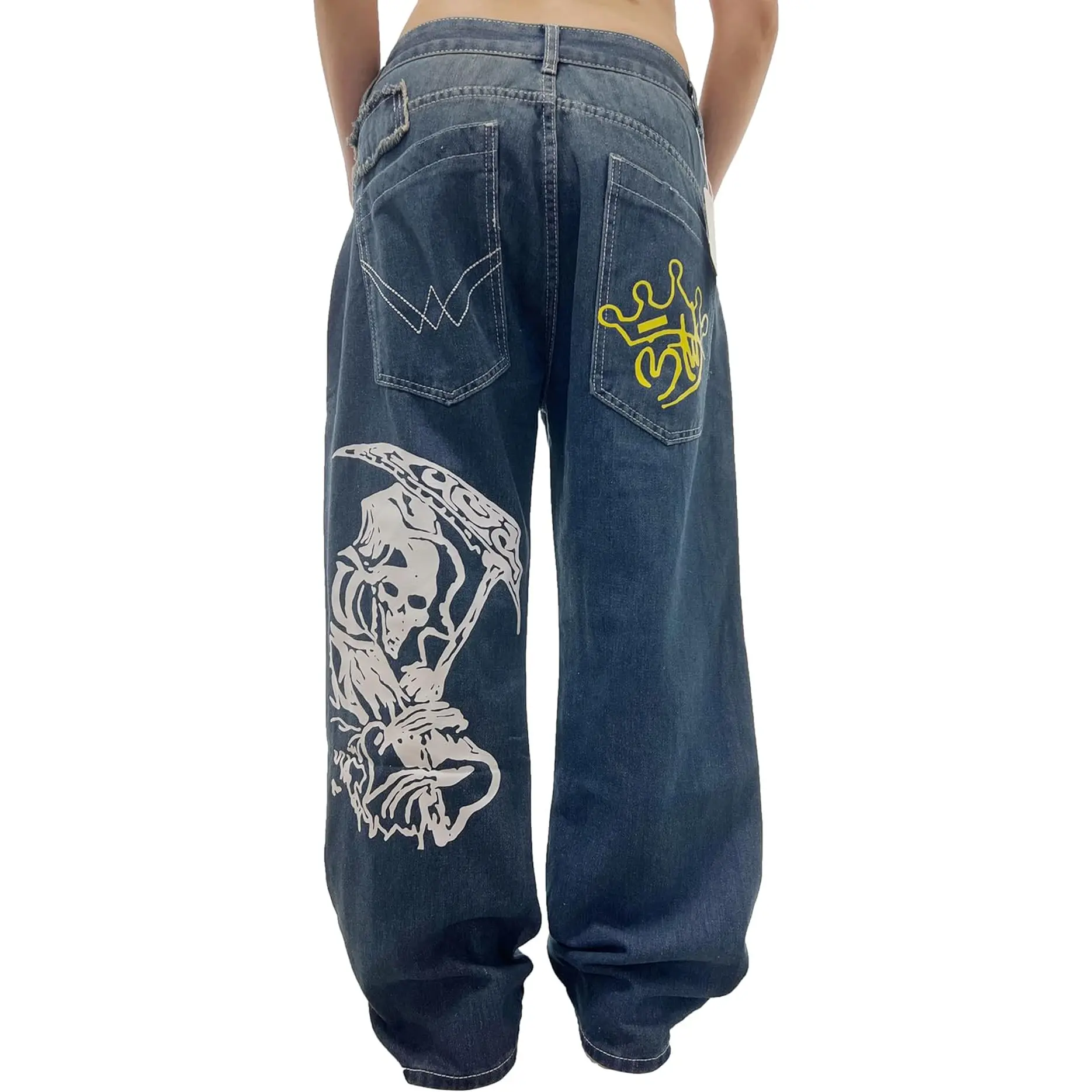 Unisex Y2K Hip Hop Street Jeans Skeleton Printed Gothic Baggy Jeans Vintage High Waist Denim Jeans Wide Leg Pants Dynict