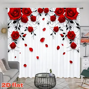 2D Flat 2Pcs Romantic Red Rose Floral Curtains for Living Room Bedroom, White Background Black Vine Print Window Drape, Semi Sunshade Pole Pocket Curtain, Elegant Home Decor Anti Privacy Treatment