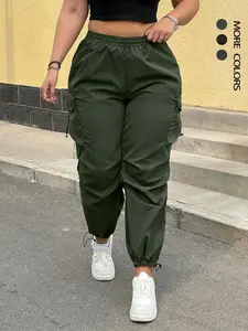 Women's Solid Drawstring Waist Cargo Pants, High Waist Comfy, Casual Comfy Pocket, Casual Pocket Trousers for Daily Wear, Ladies Bottoms for Fall & Winter, Casual Streetwear Pants