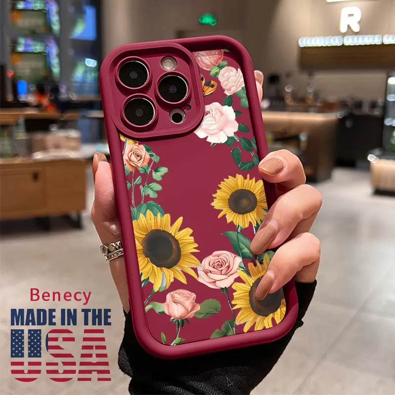 Soft Phone Case for iPhone 16 15 14 Pro Max 13 12 11 XR XS Plus E Sunflower and Rose Symphony Pattern TPU Bumper Camera Lens Protection Rugged Durable Phone Cover