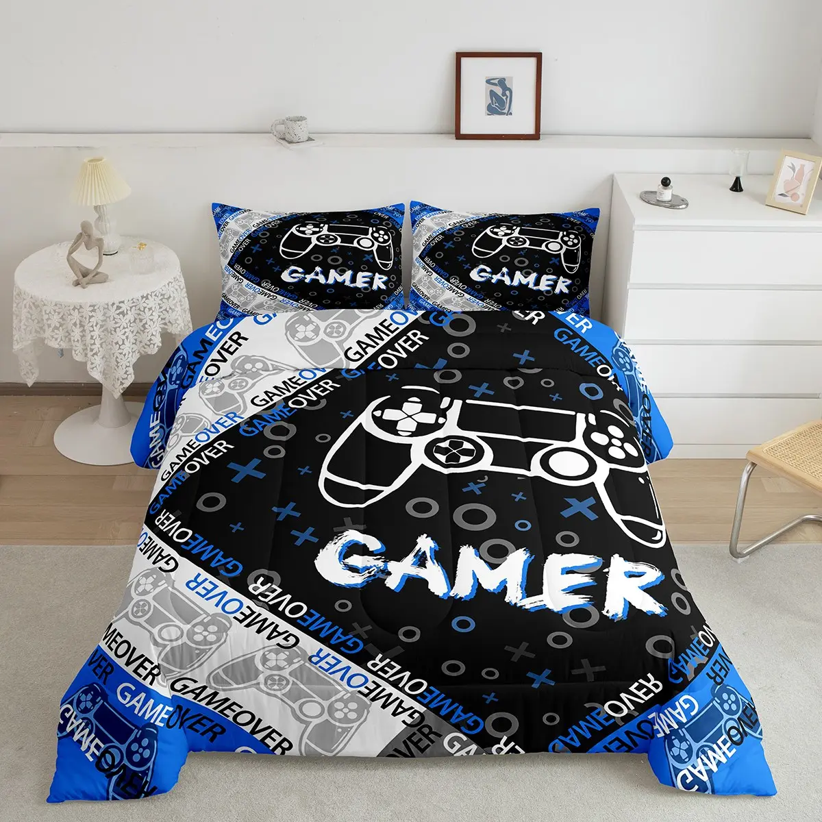 Feelyou Gamer Cozy Aesthetic Duvet Set - Breathable Microfiber Luxury Bedding, Stylish Geometric Design, Blue Black Grey Quilt & Decorative Cover for Modern Bedrooms