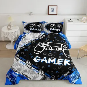 Feelyou Gamer Video Game Bedding Set - Breathable Microfiber Decorative Duvet with Stylish Geometry, Blue Black Grey Luxury Quilt, Breathable Duvet Set
