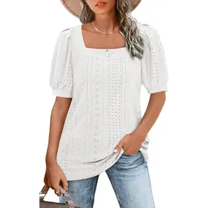 Imily Bela Womens Summer Tops  Square Neck Short Sleeve Tunic Tops Eyelet T-Shirts S-2XL