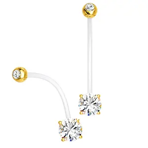 14G PVD Gold Prong Set Double CZ Maternity Pregnancy Bioflex Extra Long Belly Button Ring 1 1/2" 38mm - Sold Individually