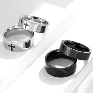 Simple cross jewelry stainless steel ring; Prayer circle black titanium steel cross couple ring set