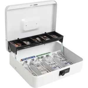 Box with  Tray and Combination Lock,  Large  Box, 5 Compartments for Cions & 4 Spring- Clips for Bills, 11 4/5" x 9 2/5" x 3 1/2", White