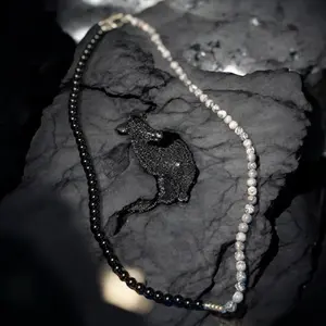 Men black and Gray marble beaded necklace