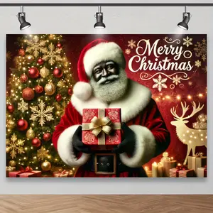 Black Santa Claus Polyester Christmas Photography Backdrop - Wall Hanging Backdrop with Gifts, Decorative Tree, Merry Christmas Sign, Party Decoration Supplies for Santa Theme Photo Shoots, Photo Booth Use