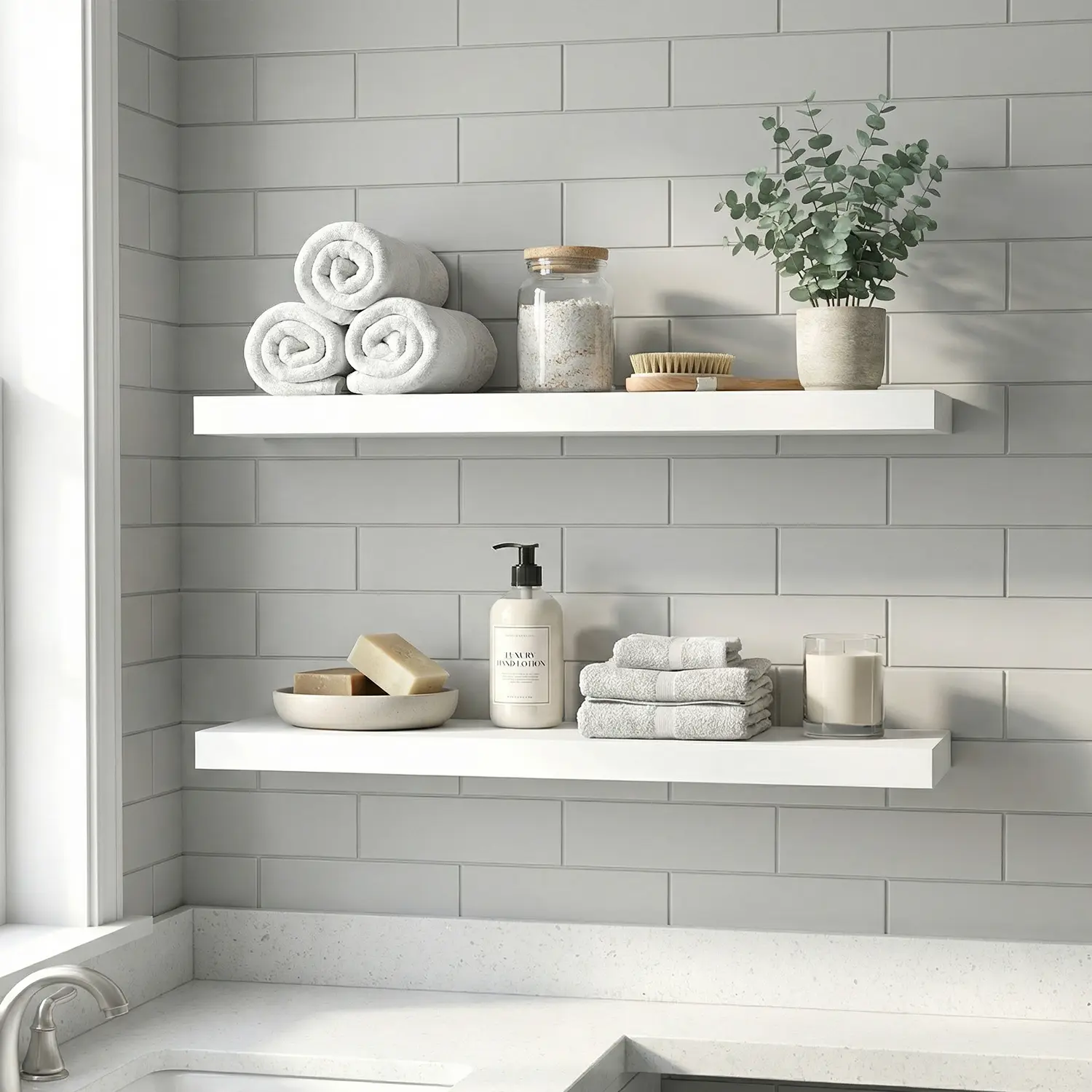 Spaco 2-Layer 23.6in White Rustic Floating Shelves - Heavy-Duty Metal Shelves with Invisible Brackets, Anti-Sagging Design for Bathroom, Bedroom Organization & Decor