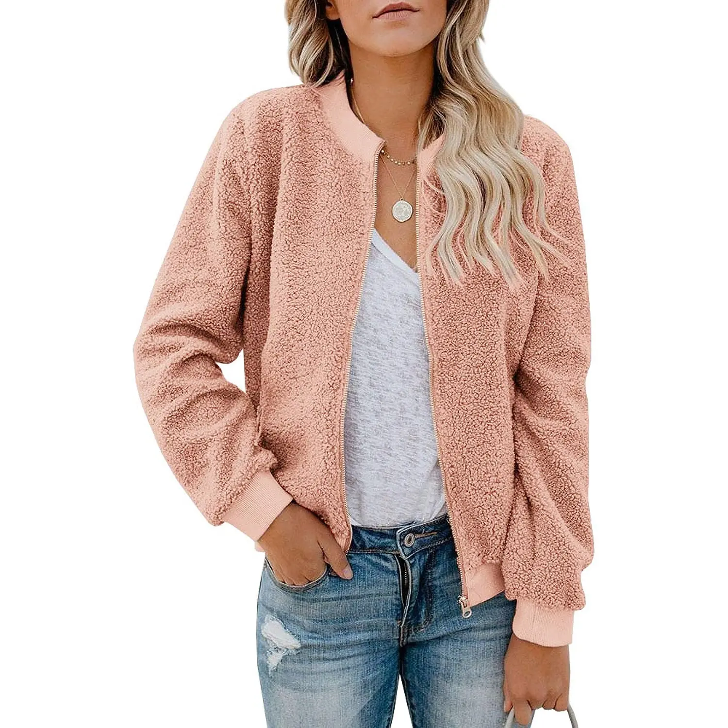 Women's Colorblock Sherpa Fleece Pullover, Casual Zip Up Jacket with Pockets and Ribbed Cuffs for Work