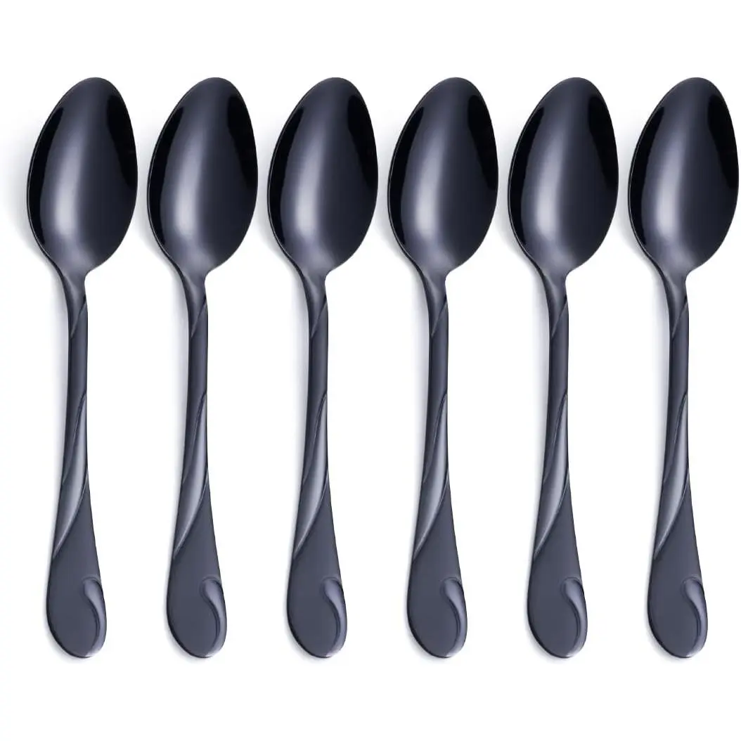 Black Dessert Spoon Set,  6.5-inch Stainless Steel Shiny Black Teaspoon, Espresso Coffee Spoon, Set of 6
