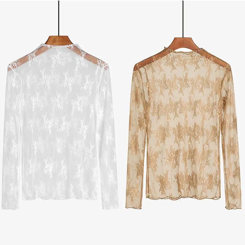 Thin High Neck Lace Inner Shirt for Women's  New Style with Black Edge Mesh Long Sleeve Top