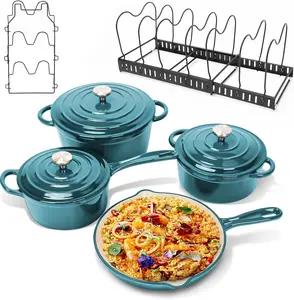 Uniflasy 7-Piece Enameled Cast Iron Cookware Set - Dutch Oven, Sauce Pan & Skillet with 3 Lids, PFOA-Free Ceramic Coated, Gas/Induction/Oven Safe, Includes Storage Organizer