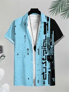 New Men's Casual 3D Light Blue and Black Cyber Functional Printed Menswear Casual Party Shirt