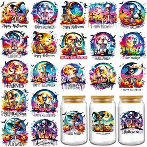 Halloween UV DTF Stickers - 20 Sheets Colorful Terror Skull UV DTF Cupa Wraps for 16 oz Tumbler, Pumpkin Ghost Bat Sublimation Transfer Sticker Decals DIY Water Bottle Journal Horror Holiday Decoration