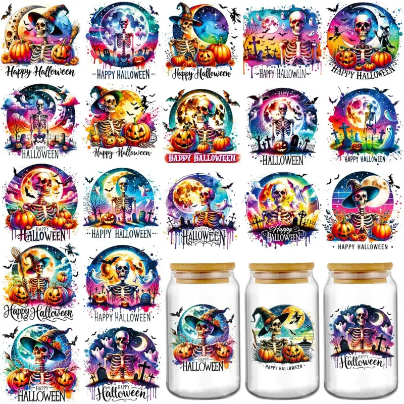 Halloween UV DTF Stickers - 20 Sheets Colorful Terror Skull UV DTF Cupa Wraps for 16 oz Tumbler, Pumpkin Ghost Bat Sublimation Transfer Sticker Decals DIY Water Bottle Journal Horror Holiday Decoration