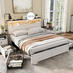 [SummerVibes] Vabches White Wood Farmhouse Bed Frame - Full/Queen Size, Durable Metal Platform with Storage Solution, Adjustable LED Lights, Storage Headboard, 4 Large Drawers, Sturdy Support, Noise-Free No Squeaks, Durable Bed Frame